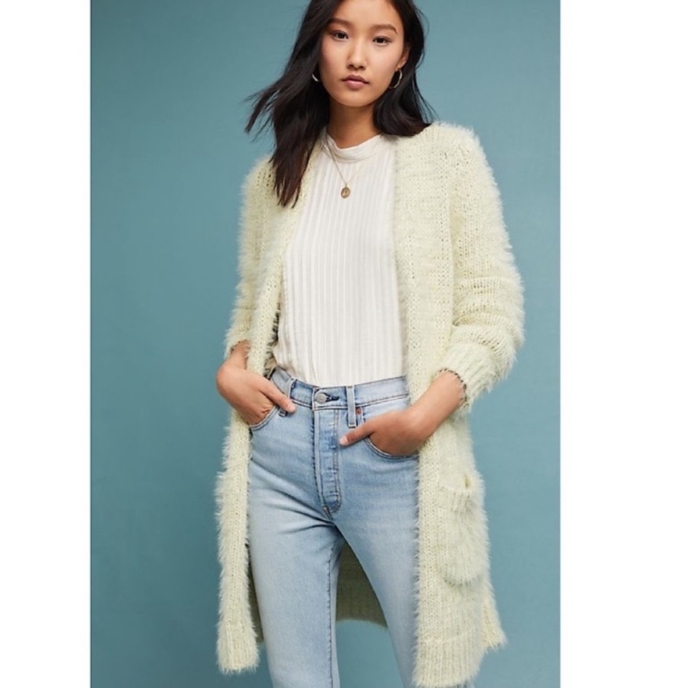 Anthropologie Meadow Rue Whittier open Cardigan sz L eyelash pockets‎ boho beige